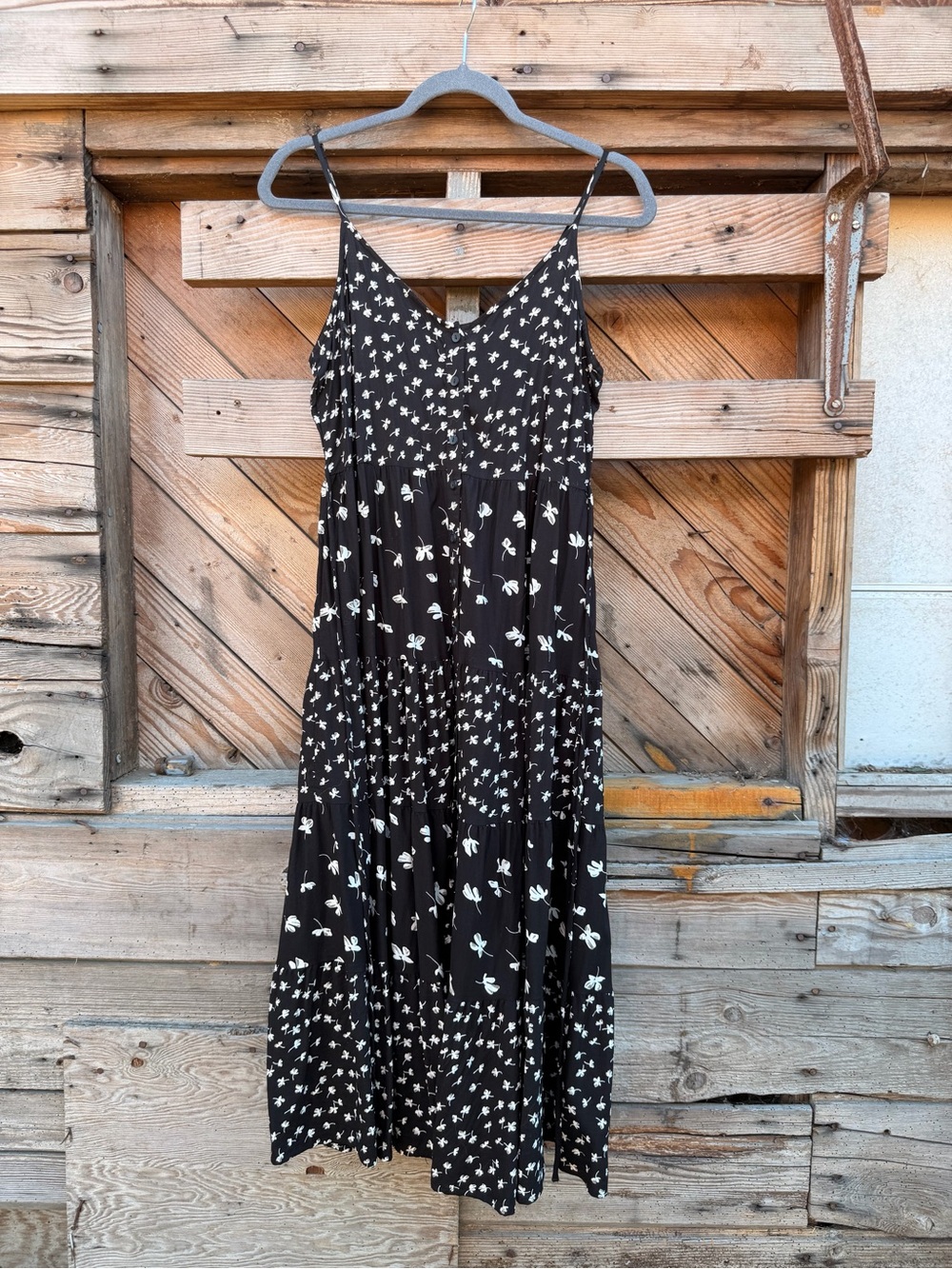 Patrons of Peace Black Floral Tiered Midi Dress